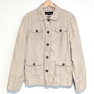 Eddie Bauer 100% Linen Jacket Womens XL Ivory Tan Shacket Button Pockets Utility